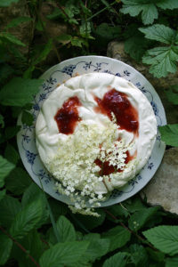 Cheesecake à la fleur de sureau, coeur de rhubarbe et marmelade de fraises